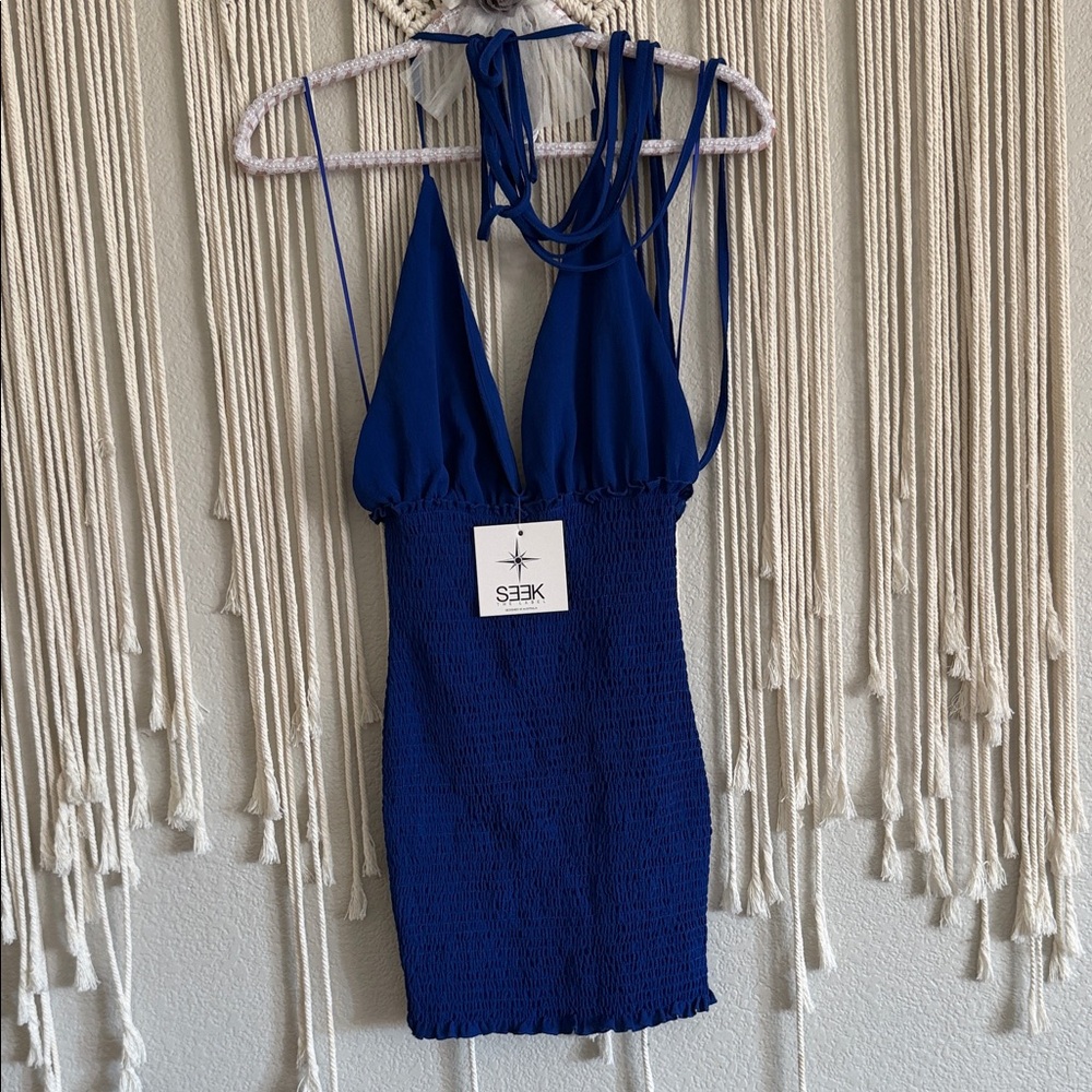 Royal  blue smocked V-neck mini dress